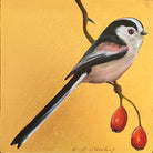 Gold foil background with oil painting of Long Tailed Tit and Rose Hips by Becky Munting