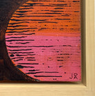 Detail of acrylic painting of abstract shapes in magenta, orange and black by Jo Angell