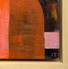 Detail of acrylic painting of abstract shapes in magenta, orange and black by Jo Angell