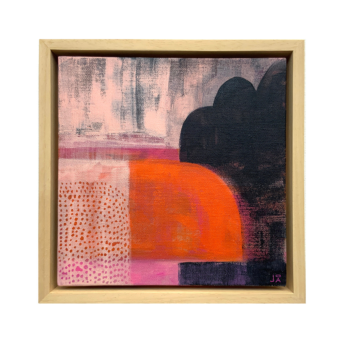 Acrylic painting of abstract shapes in magenta, orange and black by Jo Angell