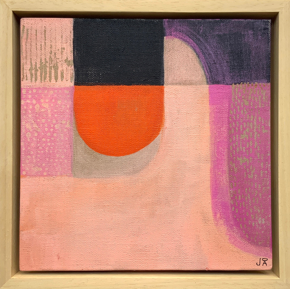 Acrylic painting of abstract shapes in magenta, orange and black by Jo Angell