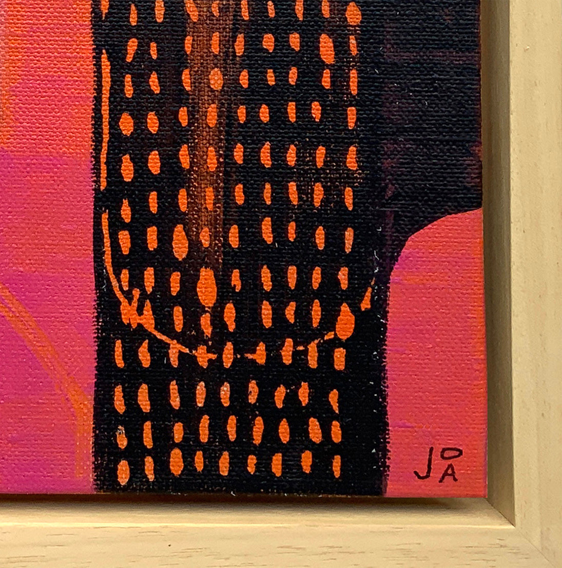 Detail of acrylic painting of abstract shapes in magenta, orange and black by Jo Angell