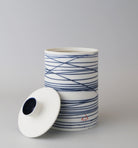 Lidded pot. Blue lines